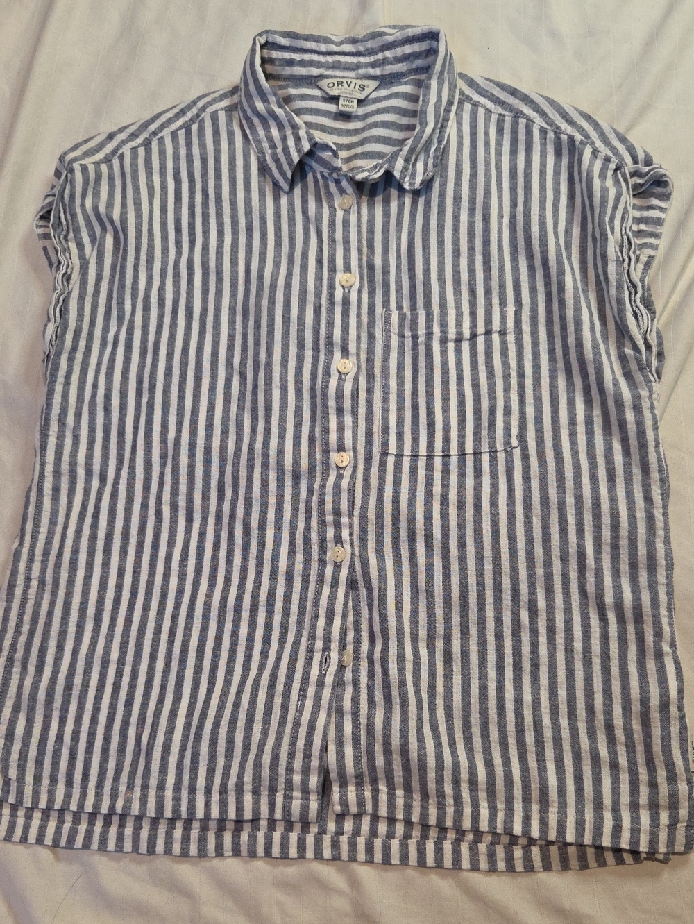 Orvis Women’s Navy and White Vertical Stripe Button-Down Shirt Sz S
